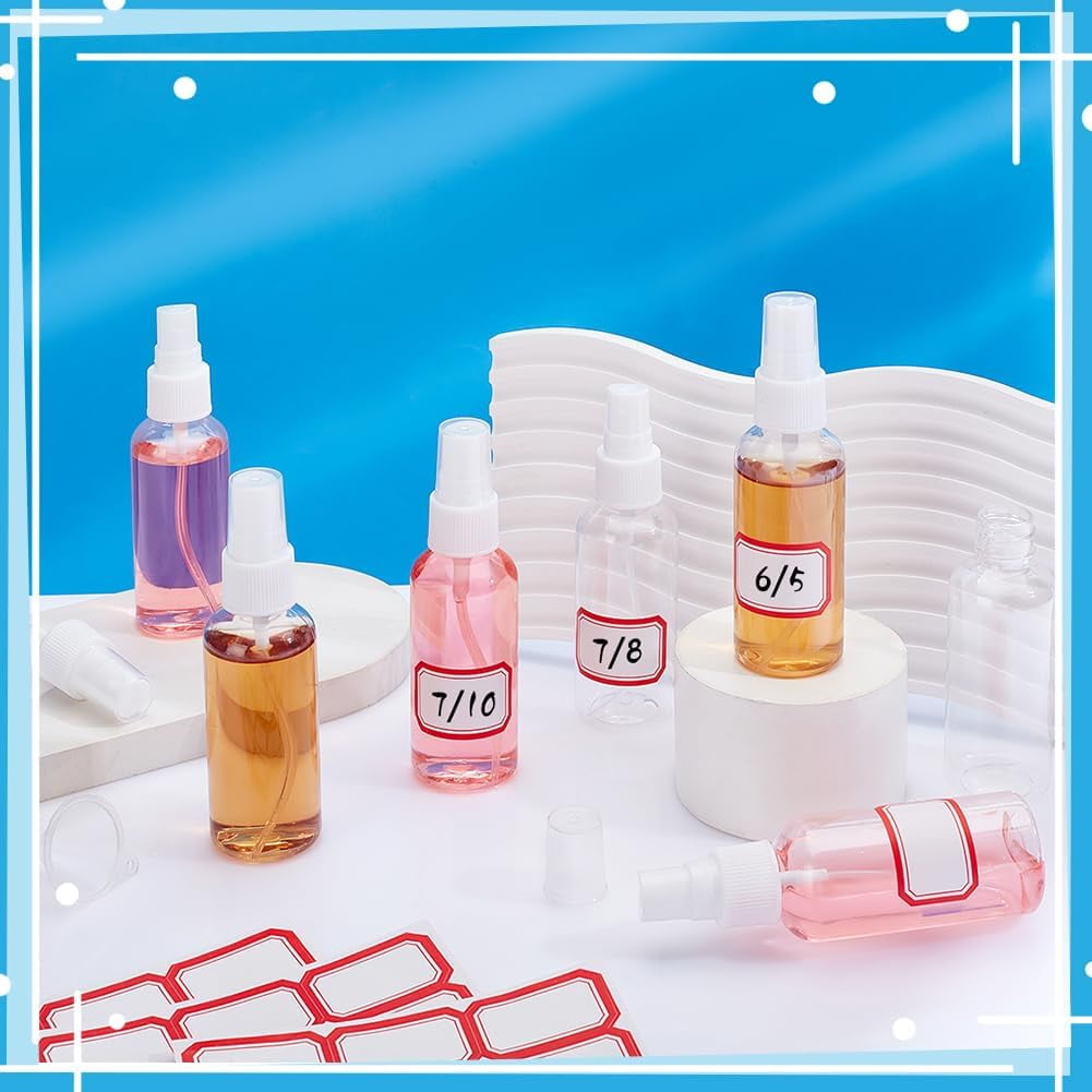 100pcs Small Spray Bottles 2oz/60ml Plastic Empty Spray Bottle Transparent Refillable Travel Bottle with 10pcs Small Funnel and 120pcs Bottles Labels