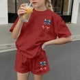 thumbnail image 4 of BFHHYA Girls 4th of July Sets 2-Piece Outfit Cherry Print Short Sleeve Top Loose Shorts Tween Casual Summer Set Size 3-15 Years, 4 of 5