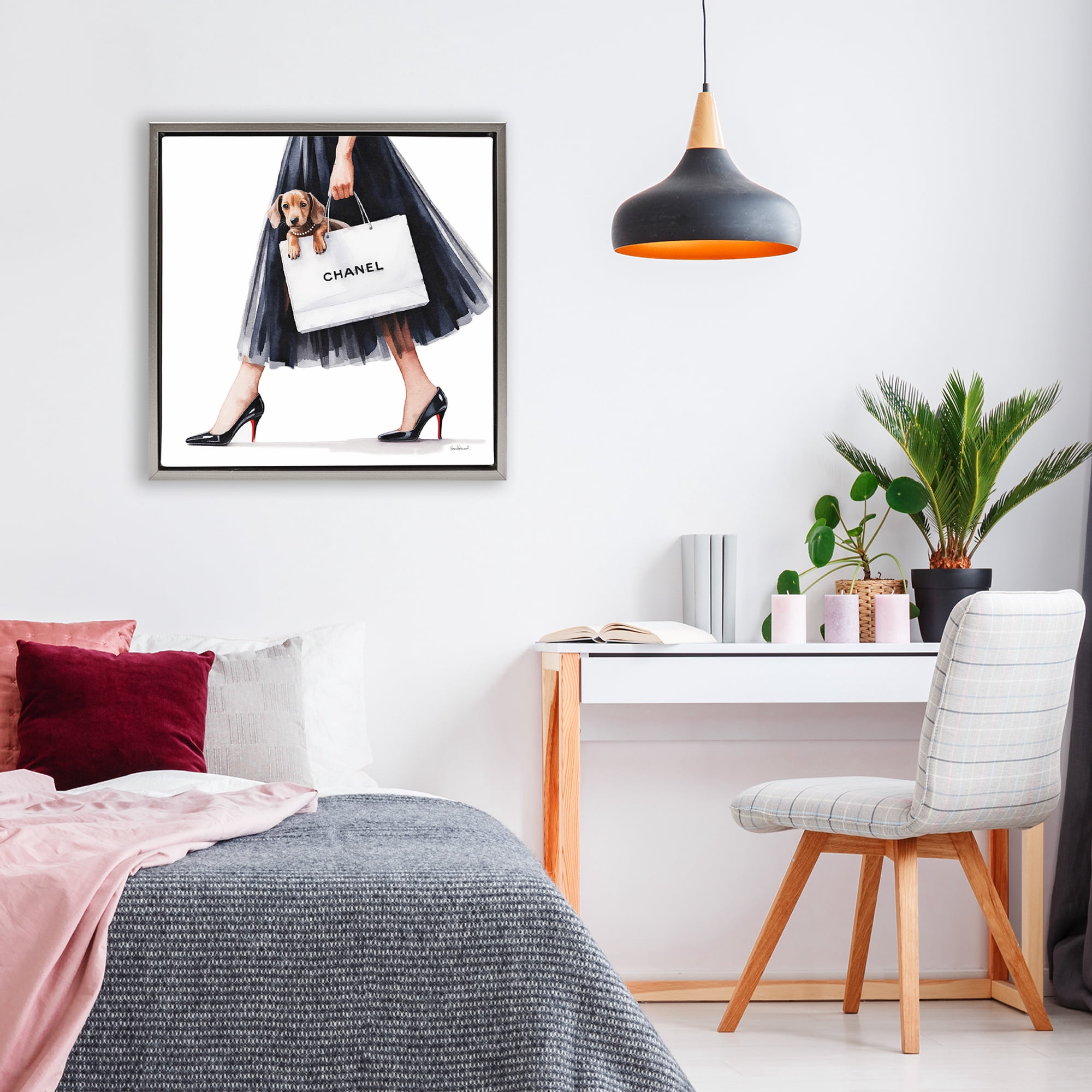 Stupell Industries Elegant Dog & Shopping Bag Gray Framed Floater Canvas Wall Art, design by Amanda Greenwood