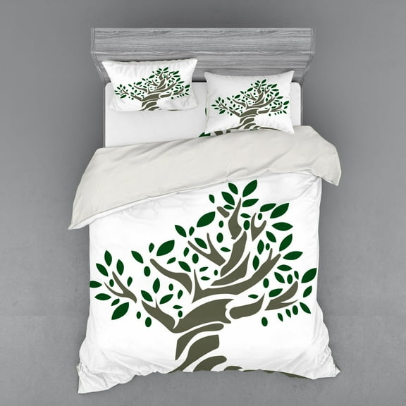 Nature Duvet Cover Set, Simplistic Majestic Tree Graphic in Abstract Style with Leafy Branches, Bedding Set with Shams and Fitted Sheet, 3 Sizes, by Ambesonne