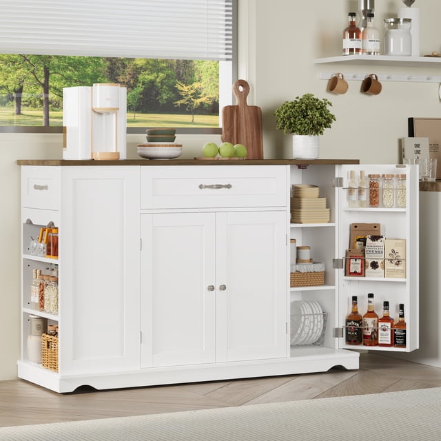 Homfa Kitchen Island with Wheels & Adjustable Shelf, 2 Drawer Modern Buffet Cabinet Sideboard Coffee Bar for Dining Room Living Room, White