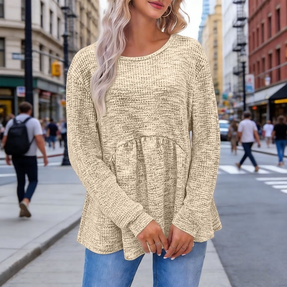 Xuyuer Waffle Knit Tops for Women Empire Waist Flowy Ruffle Peplum Babydoll Tops Crewneck Long Sleeve Tunic Sweaters