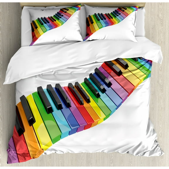 Music King Size Duvet Cover Set, Vibrant Colored Piano Keyboard Wave Musician Arts Entertainment Harmony Instrument, Decorative 3 Piece Bedding Set with 2 Pillow Shams, Multicolor, by Ambesonne