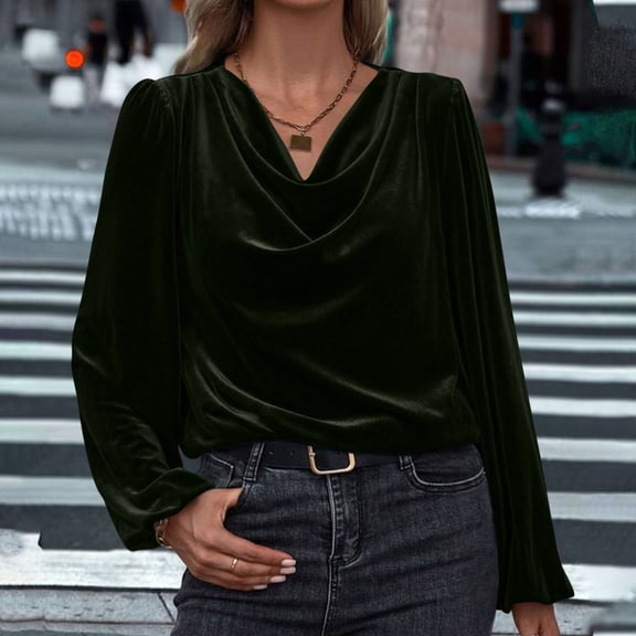 Qulqfy Women Tops Cowl Neck Long Sleeve Green Velvet Plus Size Shirts Elegant Tunic Blouses Spring Tops for Women L