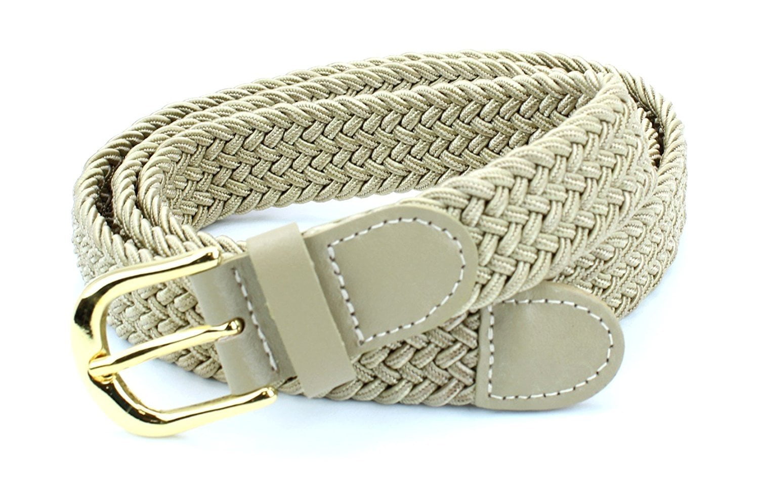 Women's Braided Elastic Woven Stretch Belt Solid Color Gold Buckle and Leather Tip