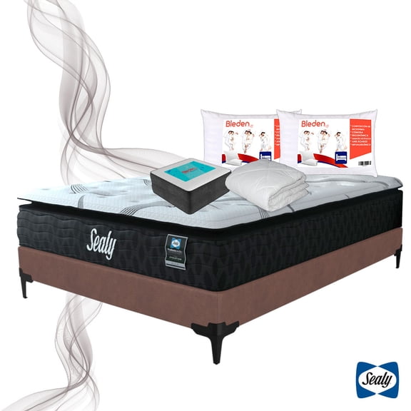 Colchón corrector Evolution Matrimonial Sealy Línea Bleden Benno + Box Matrimonial + Complemento + 2 Almohadas