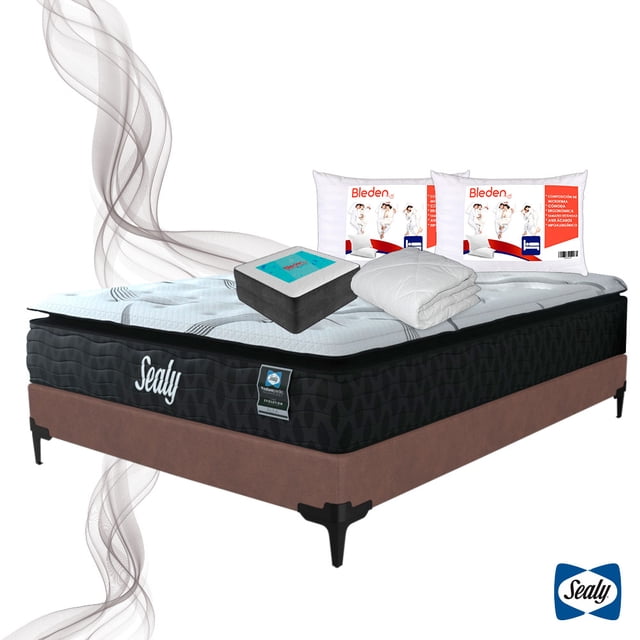 Colchón corrector Evolution Matrimonial Sealy Línea Bleden Benno + Box Matrimonial + Complemento + 2 Almohadas