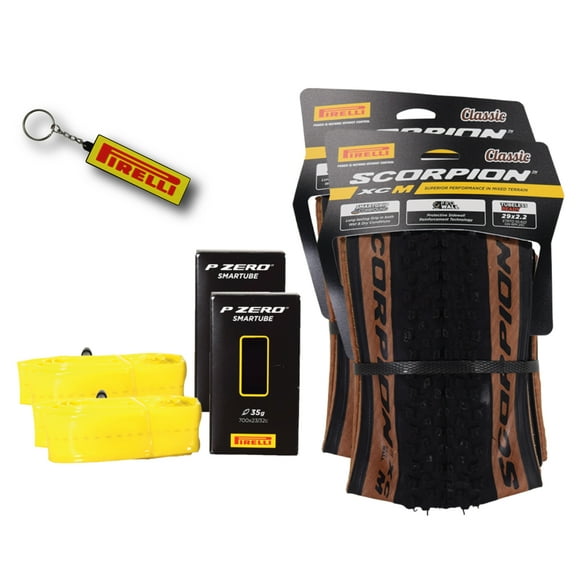 Pirelli Scorpion XC m Classic Tan 55-622 (29x 2.2) MTB Bicycle Tire & SmarTUBE 23/32-622 Set- Designed for Hardpacked Courses, 60TPI and ProWall Casing- Mountain Bike Tire w/Keychain (2 Pk)