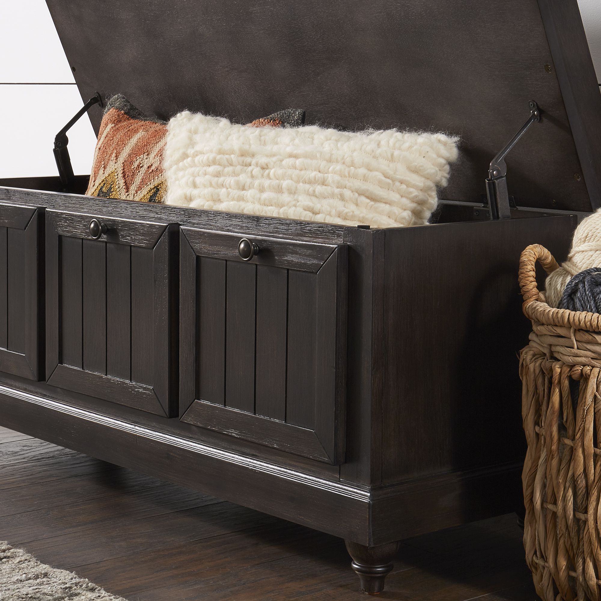 Weston Home Marin Storage Bench with Linen Seat Cushion, Antique Black Finish