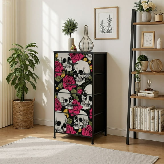 4 Drawer Vertical Storage Dresser roses skulls with Wood Top Fabric Pull Drawers
