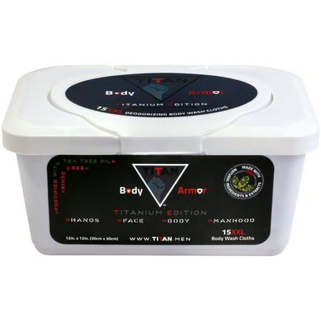 TITAN Deodorizing Body Wash Cloths Tub, Fortified with Tea Tree Oil, 15 XXL Rinse Free Wipes for Hands, Face, Body and Manhood, Titanium Edition Body Armor