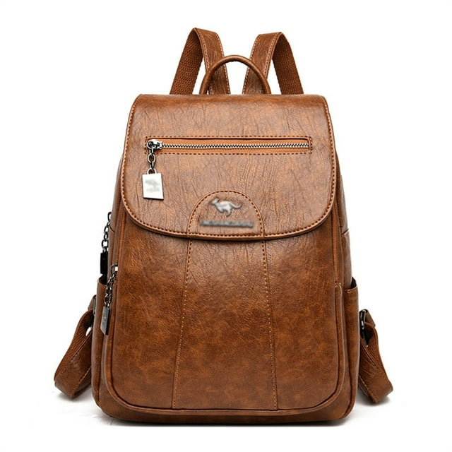 Retro PU Leather Women Backpacks Backpack Large Capacity School Bag for Girls Lady Travel Backpack-Brown