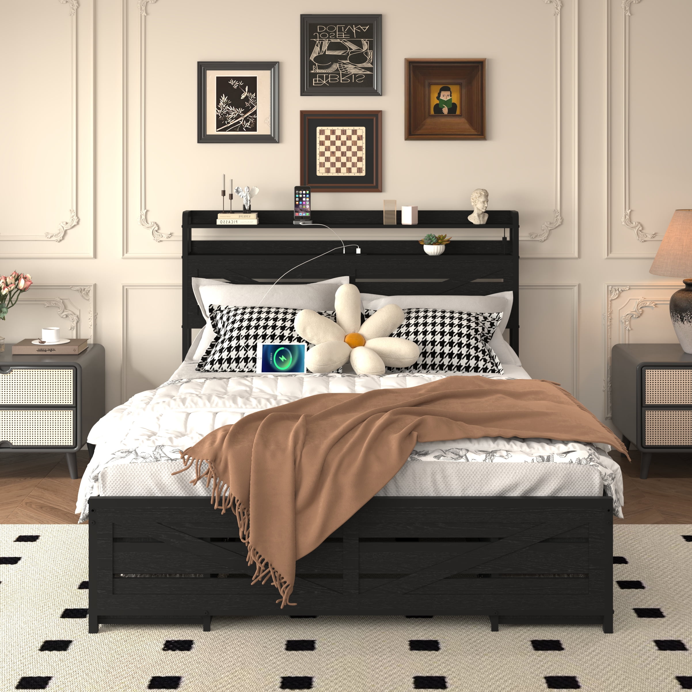 Miniyam Full Size Metal Bed Frame with Storage Drawers, Headboard with Charging Station & LED Lights, Noise-Free Platform Bed, Black