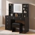 thumbnail image 3 of Hassch 47.2 Inch Vanity Desk with Light and Mirror Cabinet, Charging Station and Cushioned Stool, Makeup Dressing Table with Hooks and Glass Top, Shelves and 5 Drawers for Bedroom, Black, 3 of 8