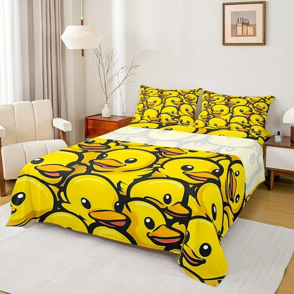 Manfei Yellow Duck 3pcs Twin Sheet Sets,Cartoon Animal Twin Fitted Sheet,Kawaii Wildlife Breathable Flat Sheet,Cute Bedroom Decorative