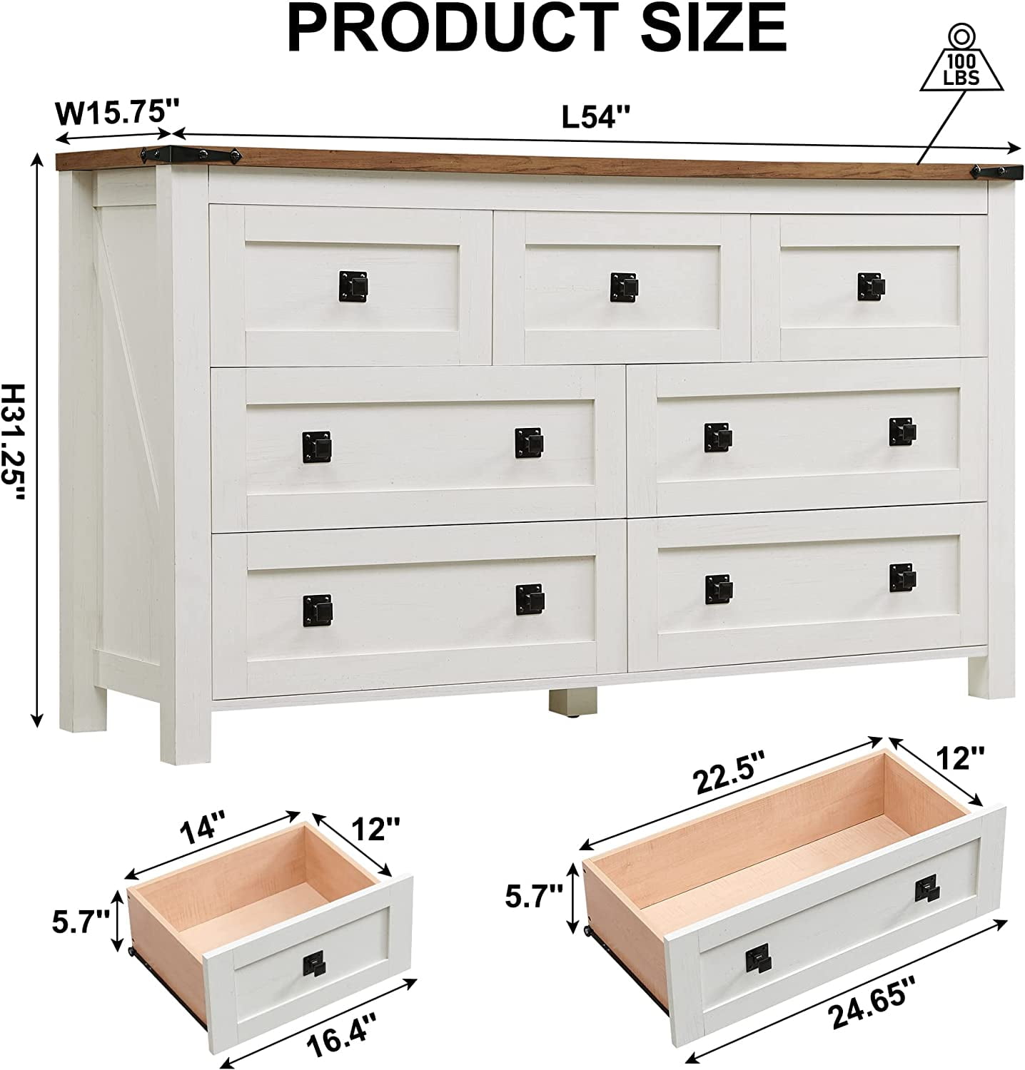 OKD Farmhouse 7 Drawers Dresser Storage Cabinet, Antique White