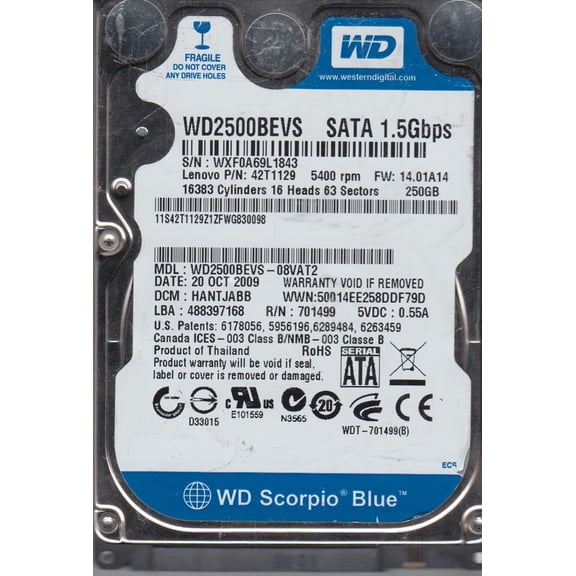 WD2500BEVS-08VAT2, DCM HANTJABB, Western Digital 250GB SATA 2.5 Hard Drive