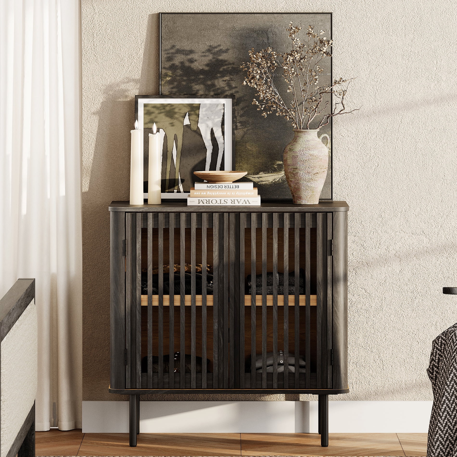 31.5" TV Stand for TVs up to 43", Pop-up Design Wood Entertainment Center with Storage, Black
