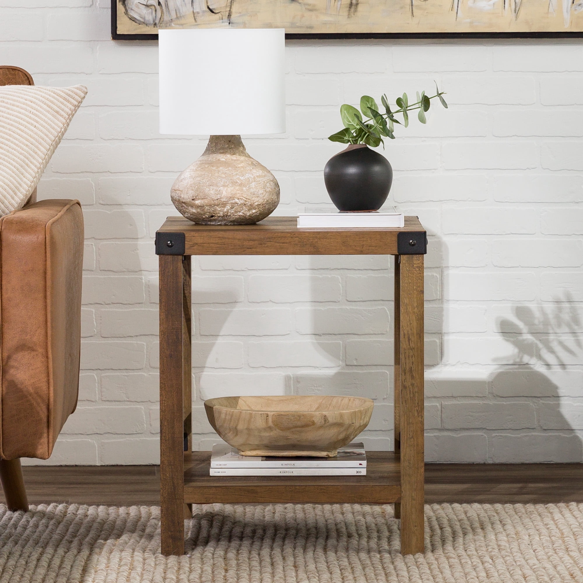 Walker Edison Magnolia Metal X End Table, Reclaimed Barnwood