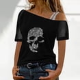 thumbnail image 2 of Yuanlong Womens Tshirts One Shoulder Mesh Short Sleeve Rhinestone Graphic T-Shirts Loose Summer Streetwear Fashion Tops, 2 of 5