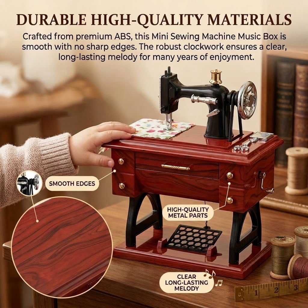 Vintage Mini Sewing Machine Music Box, Musical Sewing Machine, Table Desk Home Decoration, for Mom, Wife, Grandma, Friends, Quilters, Sewing Lovers Christmas Anniversary Birthday Gifts (Large)