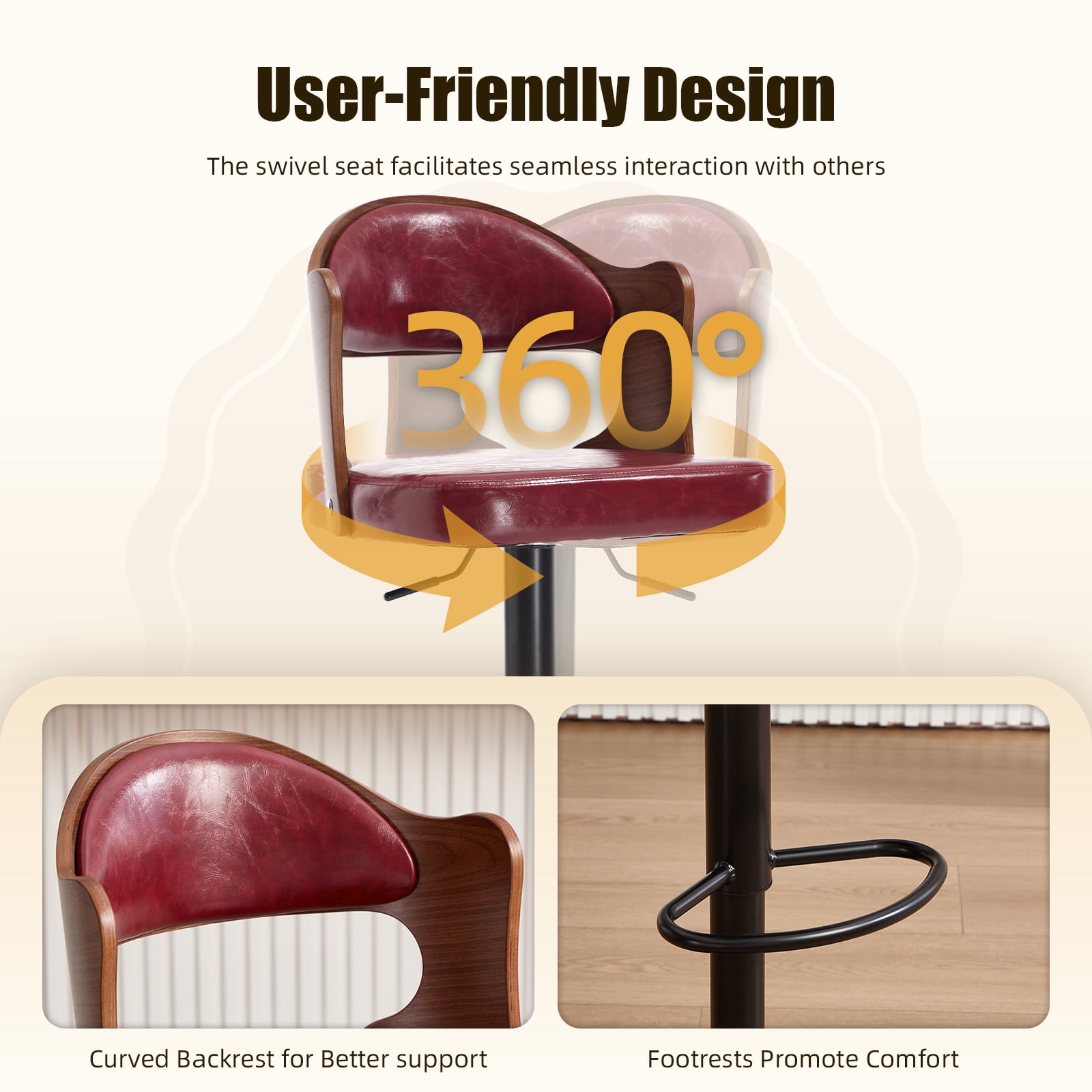 MOONMISS Swivel Bar Stools Set of 2, Wooden Kitchen Bar Chairs with Back, PU Leather Counter Height Barstools for Kitchen Island,Wine Red
