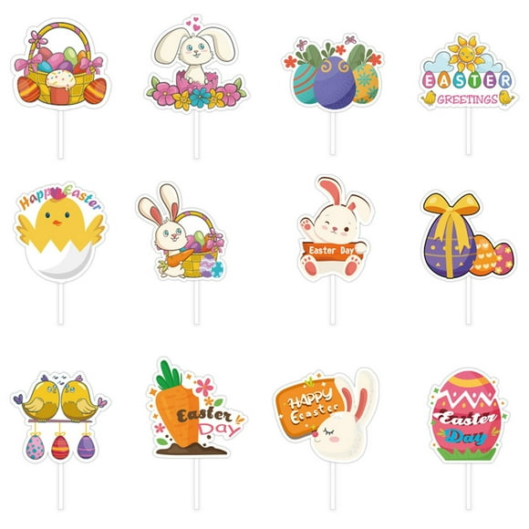 YWOAGH Easter Cake Flag Decorations Party Inserts for Easter Cake Rabbit and Carrot Design 12 Count Ideal for Celebrations and Festive Gatherings 12PCS Cake inserts Yellow