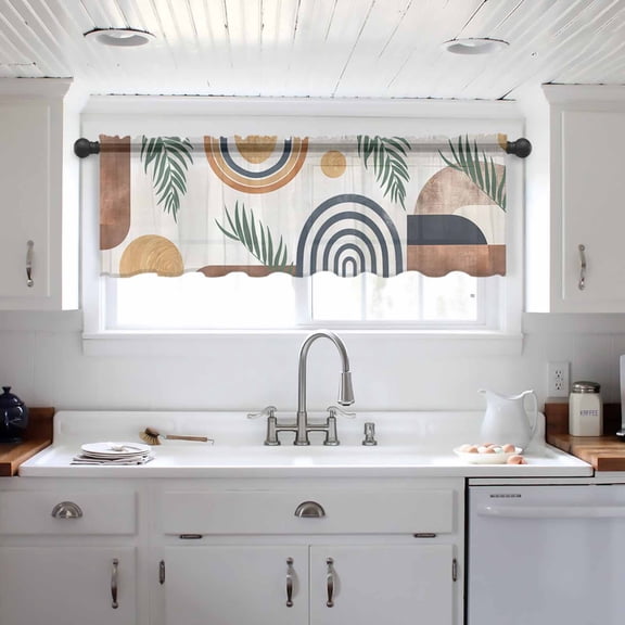Abstract Boho Valance Curtains for Kitchen/Living Room/Bathroom/Bedroom Window, Bohemian Palm Leaf Geometric Leaf Circle Rod Pocket Small Topper Half Short Window Curtains Voile Sheer Scarf 42"x18"