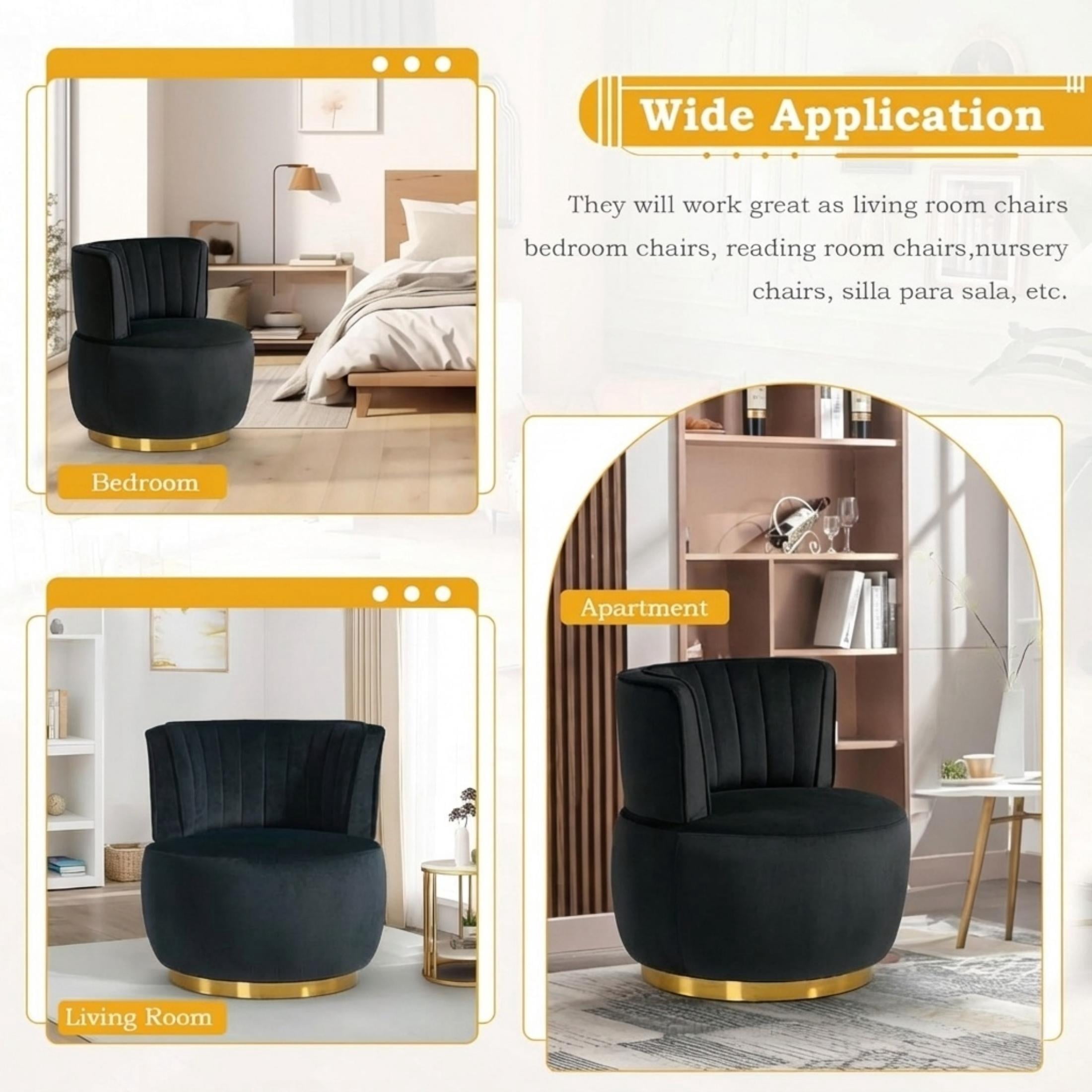 Aukfa 360-Degree Swivel Barrel Chair, Modern Velvet Round Accent Chair for Nursery and Living Room, Black