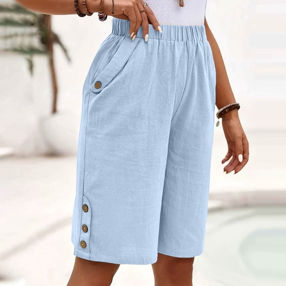 Aimik Fashion Women's Solid Elastic Waist Linen Straight Leg Five Quarter Pants with Pockets Summer Loose and Casual Shorts