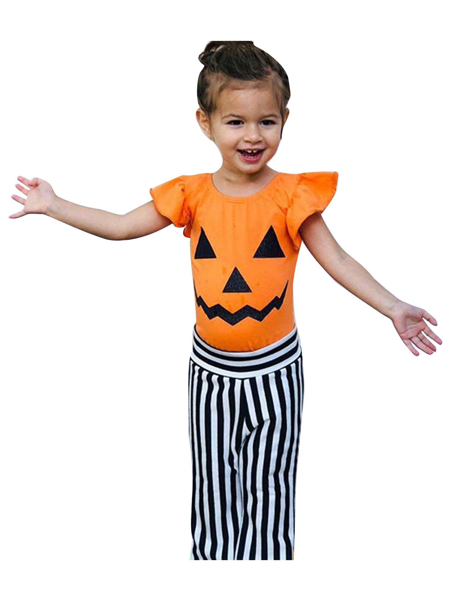Baby Girls 2pcs Halloween Pumpkin Face Outfits Long Sleeve Stripe Rompers with Headband 
