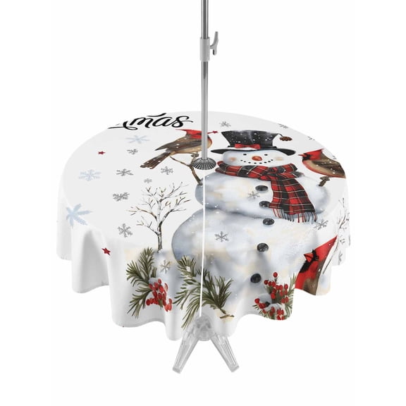 Outdoor Tablecloth with Umbrella Hole and Zipper, Christmas Snowman Round Table Cloth 54 Inch Waterproof Tablecloth, Winter Xmas Snowflakes Cardinal Berry Picnic Table Cover for Patio Camping