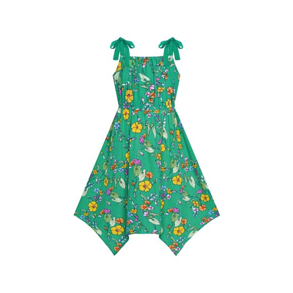 Girls Dress Green Flower Asymmetrical Hem Skirt Tank Dress 14 Years