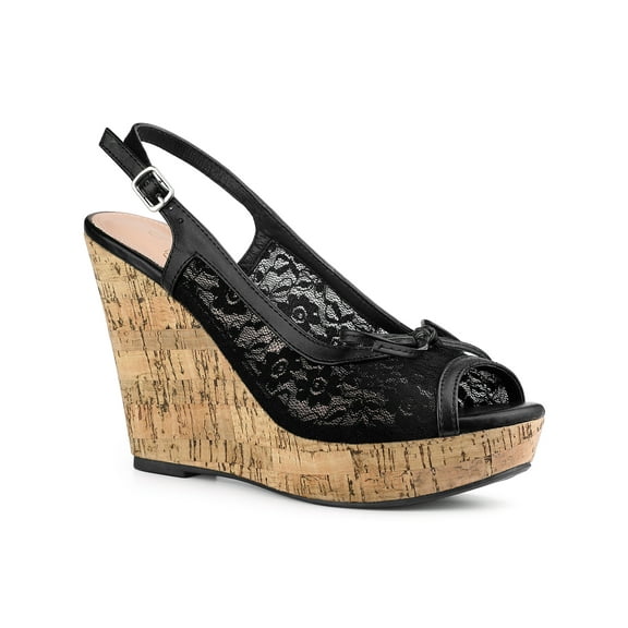 BLISSFUL STEP Platform Heels Lace Bow Slingback Wedge Sandals for Women Black 7