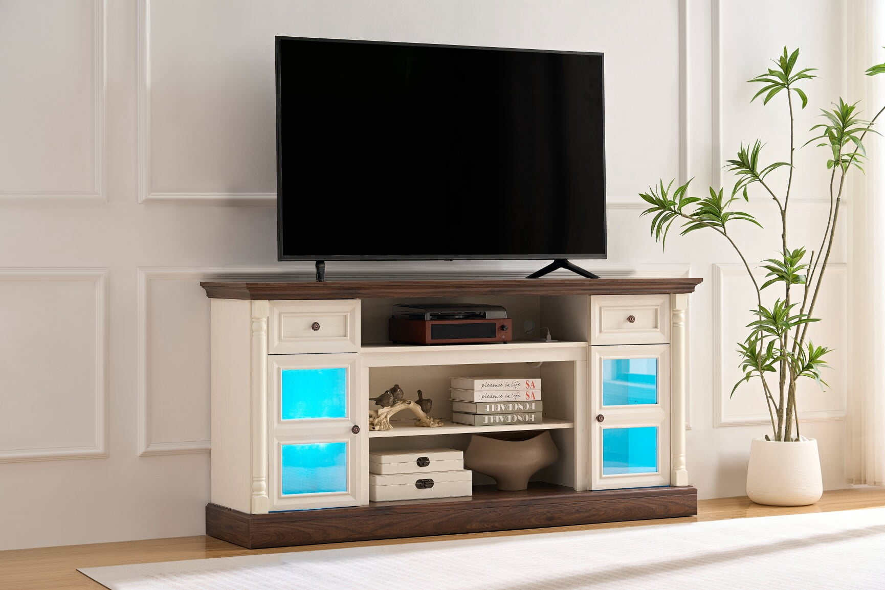 Farmhouse Fireplace TV Stand with Roman Column Design for Up to 80 Inch TVs, 70 Inch Modern Entertainment Center with Adjustable LED Lighting and Ample Storage for Living Room