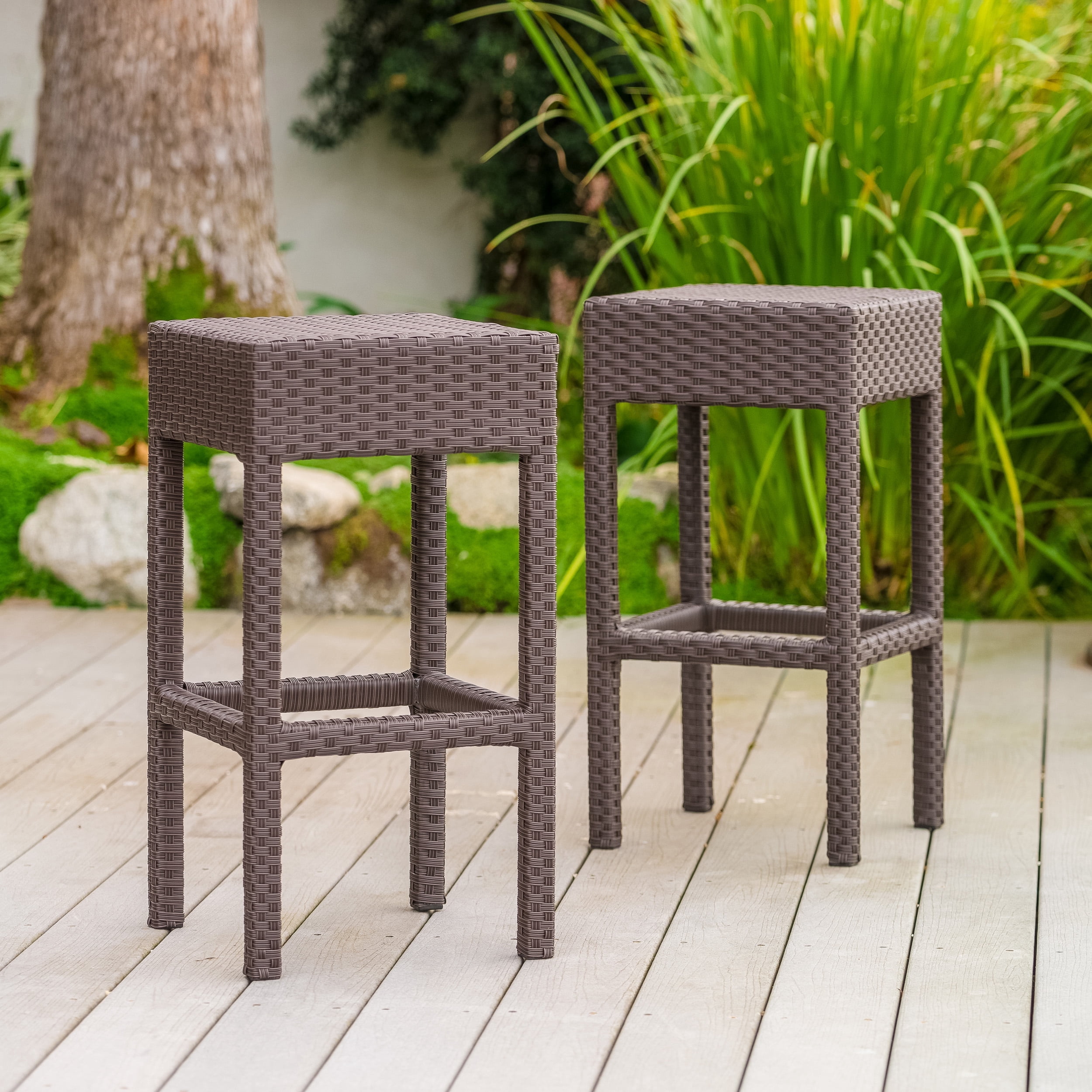 Outdoor PE Rattan Backless Bar Stool Set of 2, Simple Height Leisure Seats for Patio Bar, Dark Brown