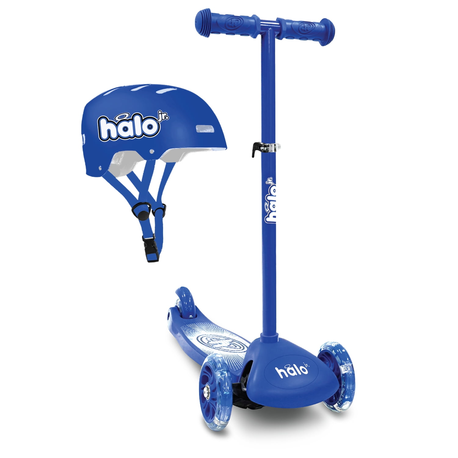 HALO Rise Above Jr 3 Wheel Toddler Scooter and Helmet Set - Blue 2+ - Light up Wheels and Adjustable Helmet