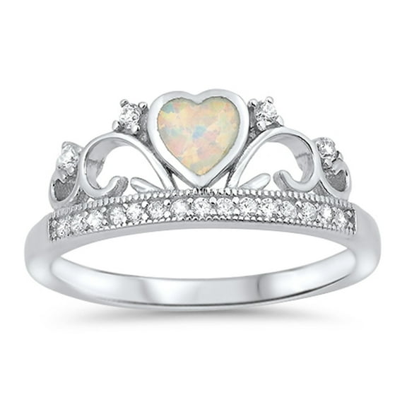 Heart-Shape White Simulated Opal Cubic Zirconia Royal Crown Ring Sterling Silver