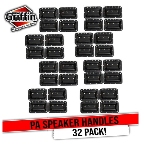 Metal Flip Speaker Cabinet Handles (32-PACK) for Rack Road Flight Trunk by GRIFFIN | Spring-Loaded Flush Pull with Black Grip Rubber Padding | DJ PA Pro-Audio Stage Gear Parts