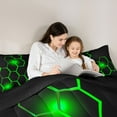 thumbnail image 4 of jejeloiu Modern Abstract Geometric 7 Pieces Bedding Comforter Set,Neon Honeycomb Hexagon Full Bedding Set,Green Black Fitted Sheet Flat Sheet For Boys Kids,Microfiber Bedroom Decor Reversible, 4 of 8