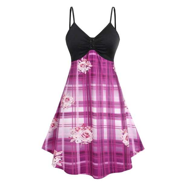 Vestido de Talla Extra a Cuadros de Cintura Imperio con Estampado Floral de Talla Grande Rosegal Vestidos casuales de talla grande