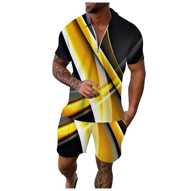 Men's Casual Striped Print Two Piece Suit Set with Zipper Short Sleeve Top and Drawstring Pocket Shorts