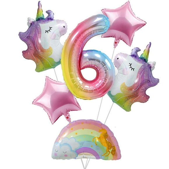Unicorn Birthday Decorations for girls 6th Birthday- Bouquet of Unicorn Balloons for Rainbow Unicorn Party Supplies (Number 6)