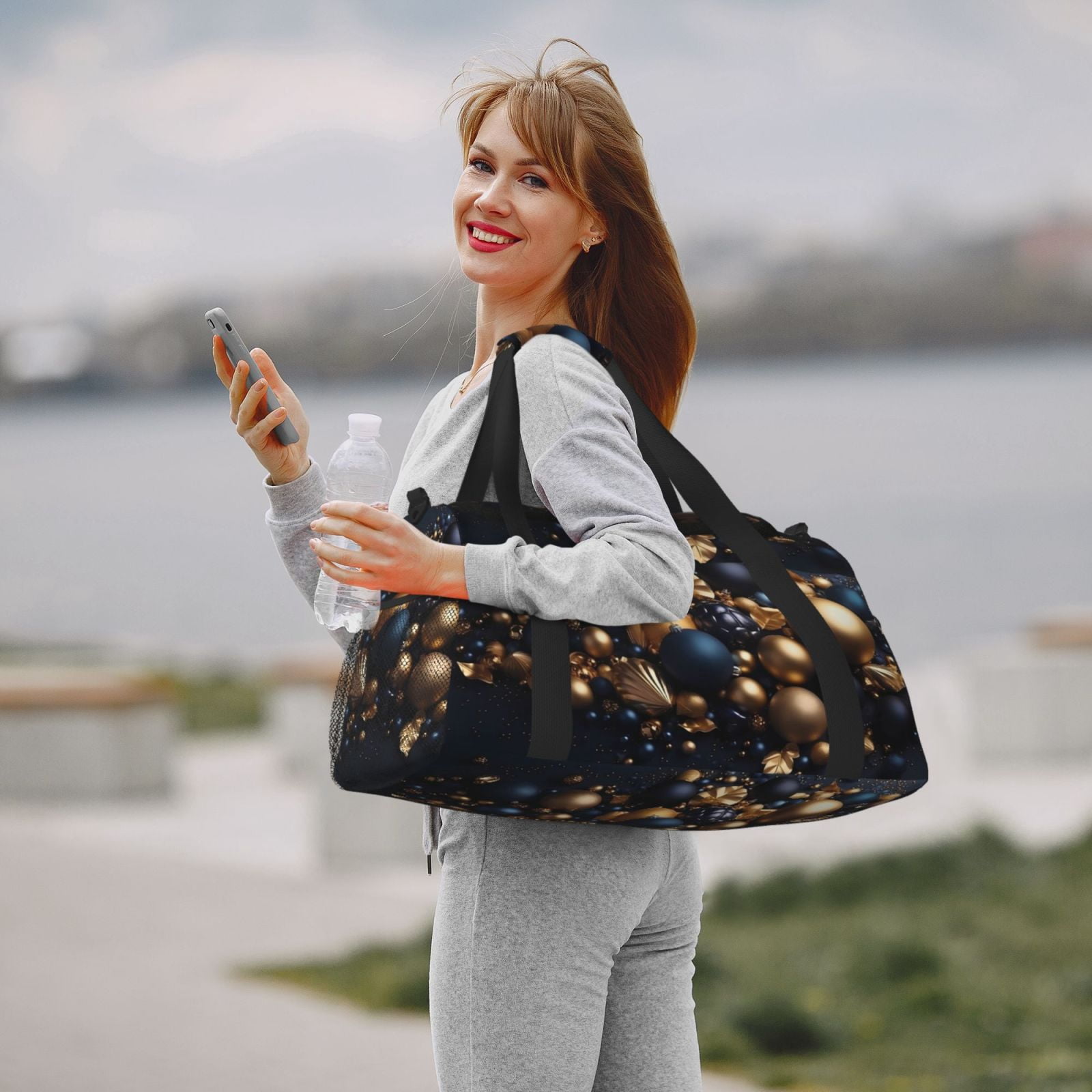 Fuzoiu Elegant Golden Blue Ornaments Print Travel Duffle Bag,Carry On Tote Bags,Duffel Bag,Sport Gym Bag, Hospital Bag for Labor and Delivery, Overnight Bag,Luggage Bag
