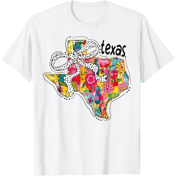 Girly Texas State Map Floral Coquette Bow 4th of July USA T-Shirt