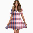 thumbnail image 2 of White Red Blue Tartan Plaid Women Dress V-Neck Short Sleeve Flowy Swing Party Midi Dress, 2 of 4