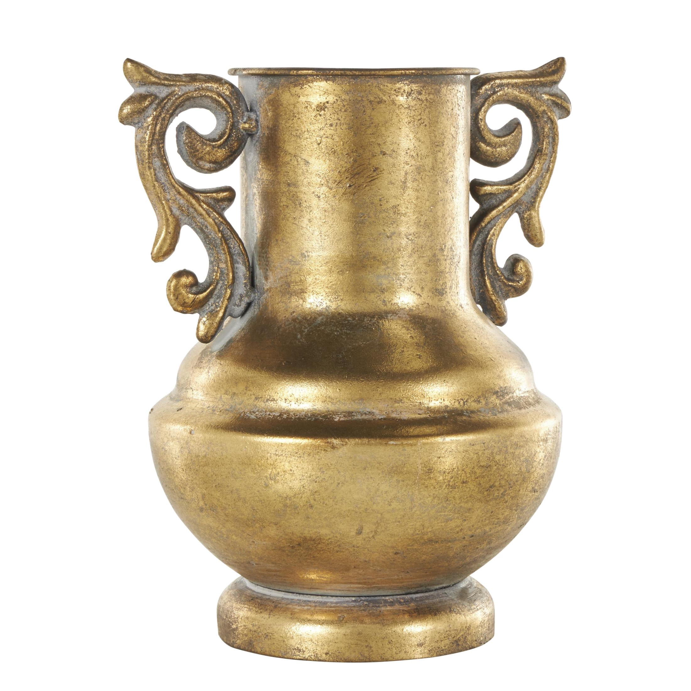 DecMode 10" Scroll Weathered Vintage Amphora Gold Metal Vase with Handles