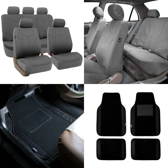FH Group PU Leather Airbag Compatible Split Bench Seat Covers for Auto, Full set with Carpet Floor Mats, Gray
