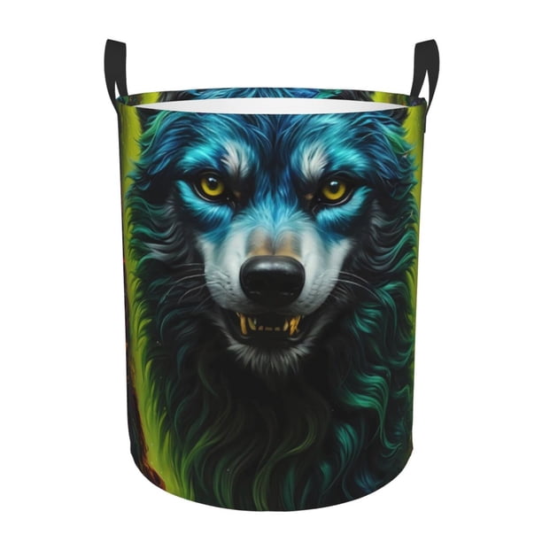 Fotbe Fluorescent Wolf Cesto de Ropa con Asas, Cesto Impermeable de Gran Capacidad, Bolsa de Lavado para Dormitorio, Cesto de Ropa con Ruedas y Asas-Medium