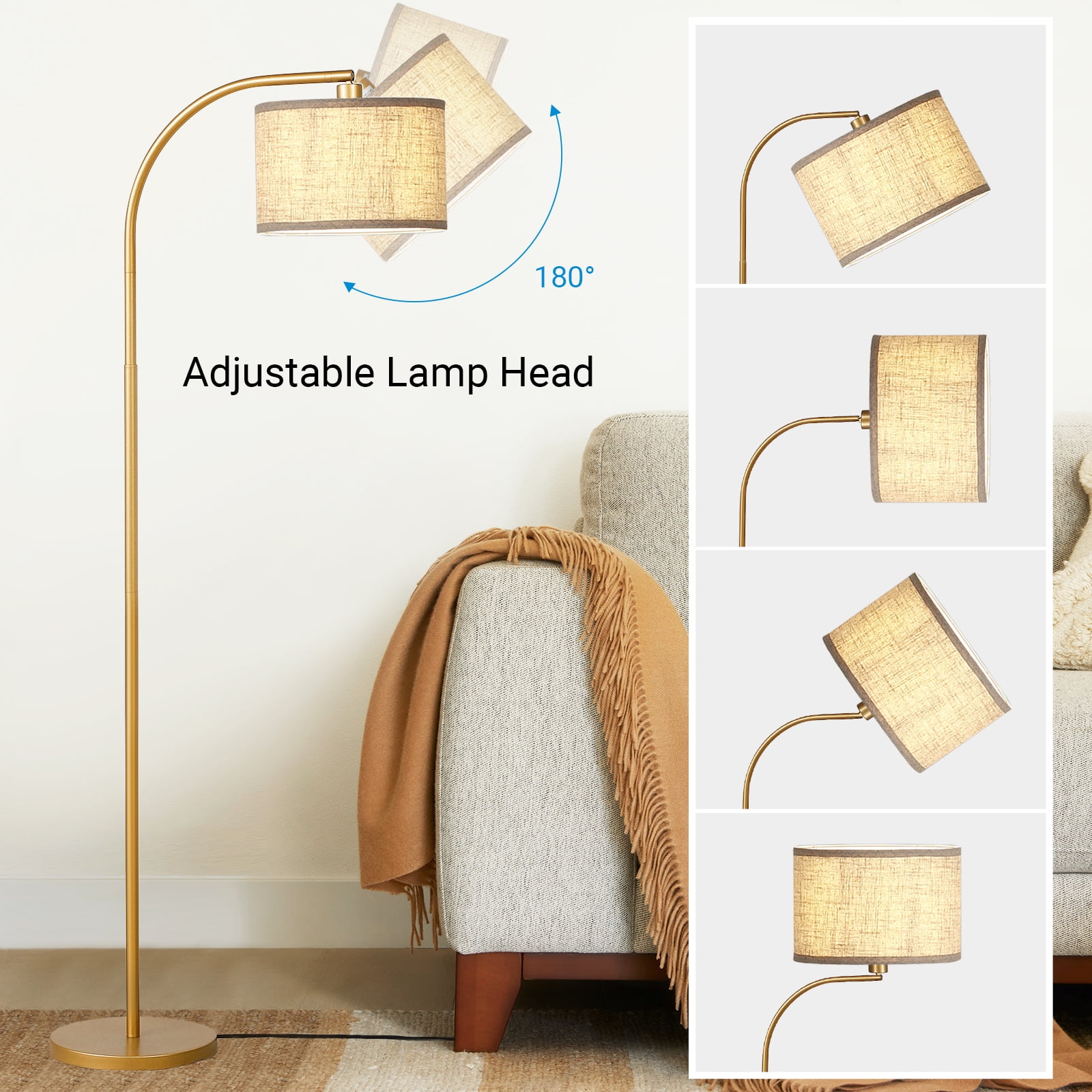 DEWENWILS 63.4-Inch Modern Arc Gold Floor Lamps for Living Room, Metal Standing Lamp with Foot Switch for Bedroom, Office, Decor, Lighting, Adjustable Lampshade